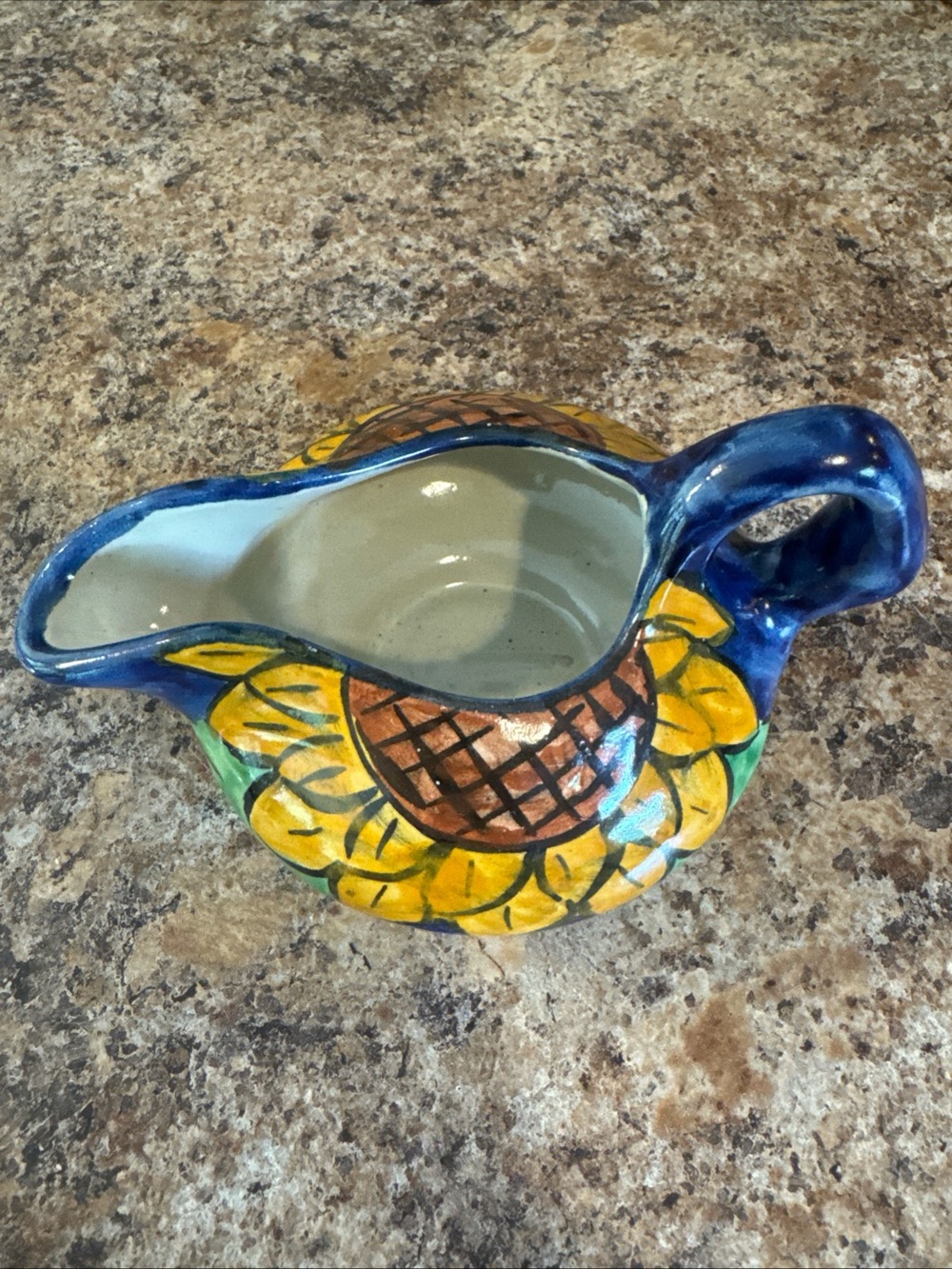 Hand-Painted Ceramic Sauce Boat with Yellow Sunflower and Blue Accent